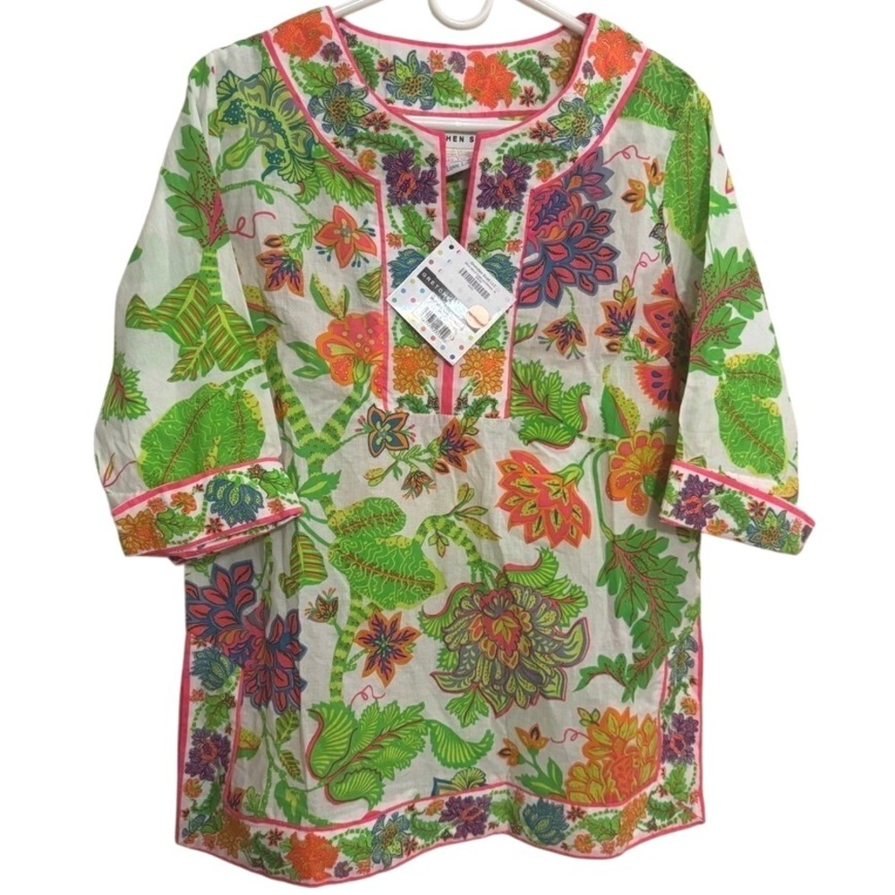 NWT Gretchen Scott Tunic top‎ women's Small Split Neck floral glorious brights